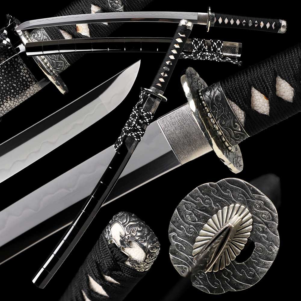 tsunami wakizashi sword01 Clay Tempered Full Tang Shinken (真剣) | Japanese Wakizashi: T-10 Steel Maru Blade Tsunami kashirae (津波拵) - 图片 1